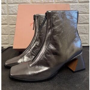 Ana Palma Metallic Silver Front Zip Ankle Boots Square Toe Cutout Heel Spain 40